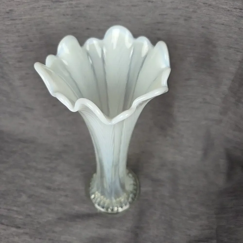 Vintage Fenton Opalescent Vase Strech Glass Swung Feathered White Ruffled 11.5